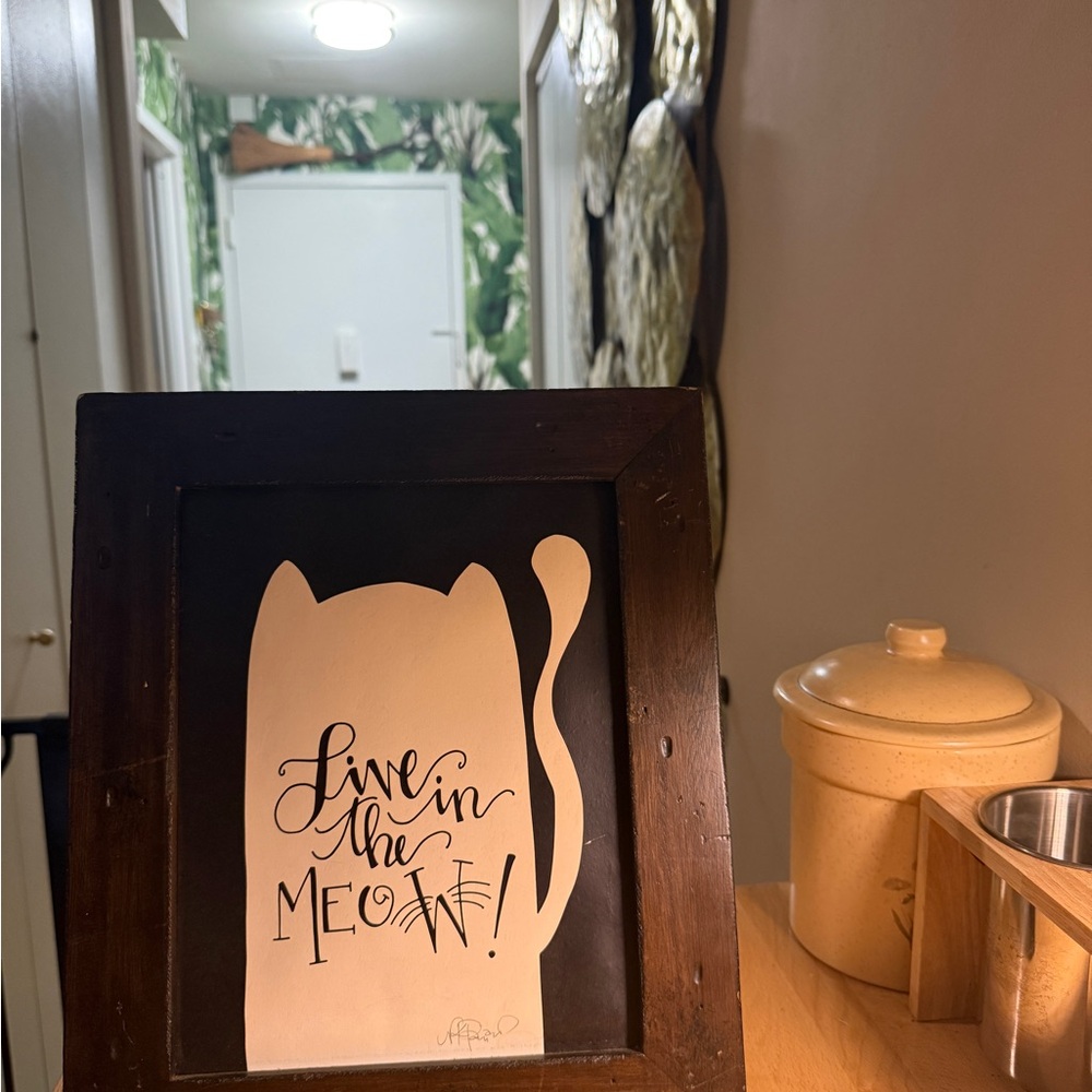 Framed “Live in the MEOW” Cat Art – Rustic Wood Frame
